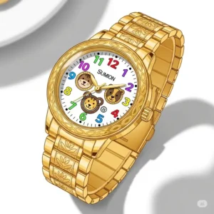 An illustration of a shining childrens gold watch elegantly displayed, highlighting its attractive appeal.