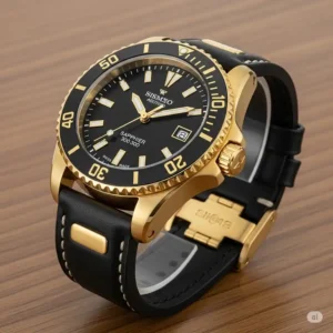A rugged yet luxurious gold dive watch for men, featuring a rotating bezel and water resistance, perfect for adventurers.