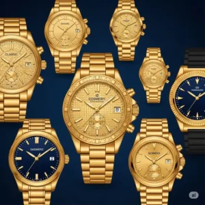 Illustration of a collection of diverse men's gold wrist watch displays beautifully, showcasing various styles and designs.