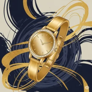 Abstract illustration symbolizing luxury and timelessness, featuring a gleaming golden watch women.