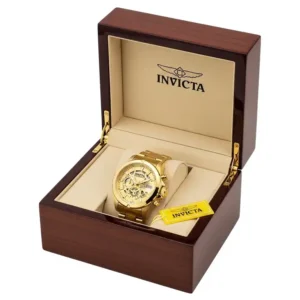**Invicta gold watch mens** presented in its original display box, emphasizing its premium packaging and gift-readiness.