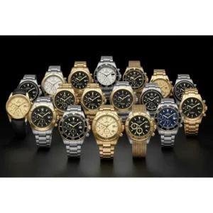 "Illustrative display of a diverse collection of gold and silver watch for men, showcasing various styles and designs."