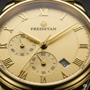 "Detailed shot of a mens gold watch dial, emphasizing the precision and elegance of the timepiece."