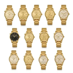 Hands unboxing a new Nixon gold watch from its packaging, conveying a sense of excitement and premium quality.