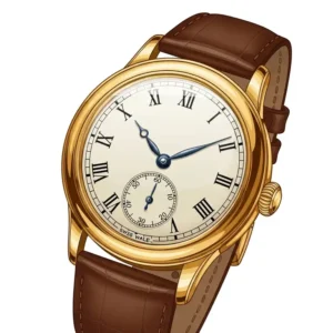 A stylized illustration of a vintage gold watch functioning as a classic timepiece, showing the hour and minute hands clearly.