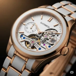 An artistic representation of the white and gold watch components, highlighting its design and material quality.