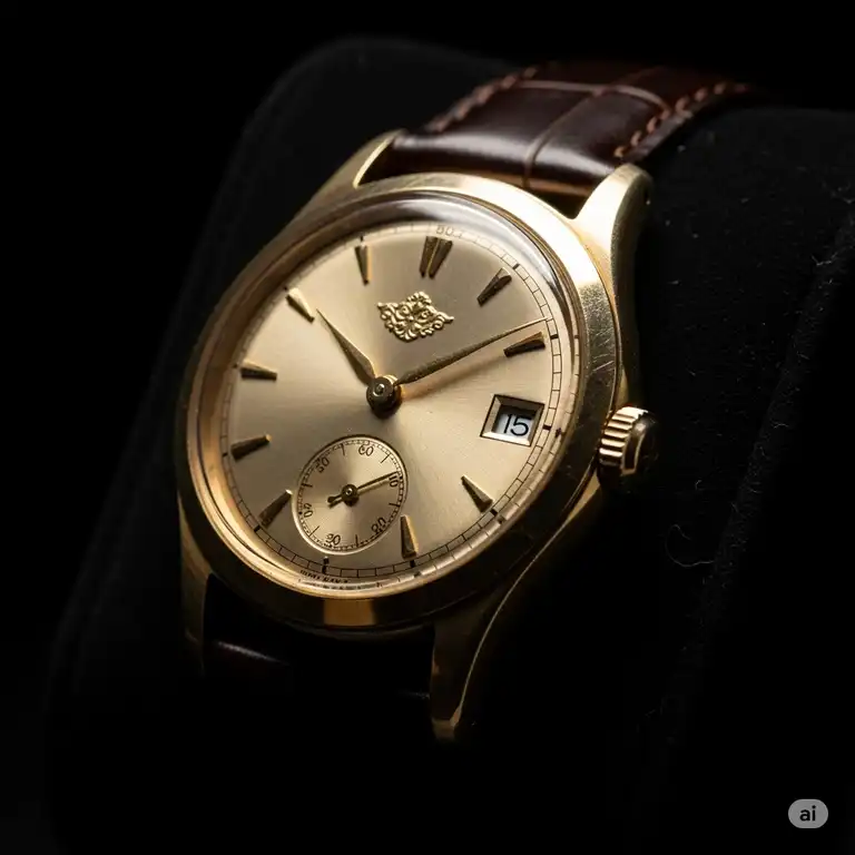 A classic gold watch 14k gold gleaming on a dark background, showcasing its intricate details and luxurious appeal.