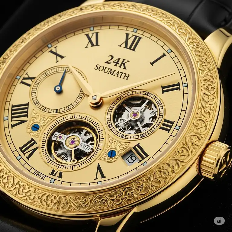 A close-up shot of a luxurious 24k gold watch, showcasing its intricate details and highly polished finish, perfect for an elegant timepiece collection.