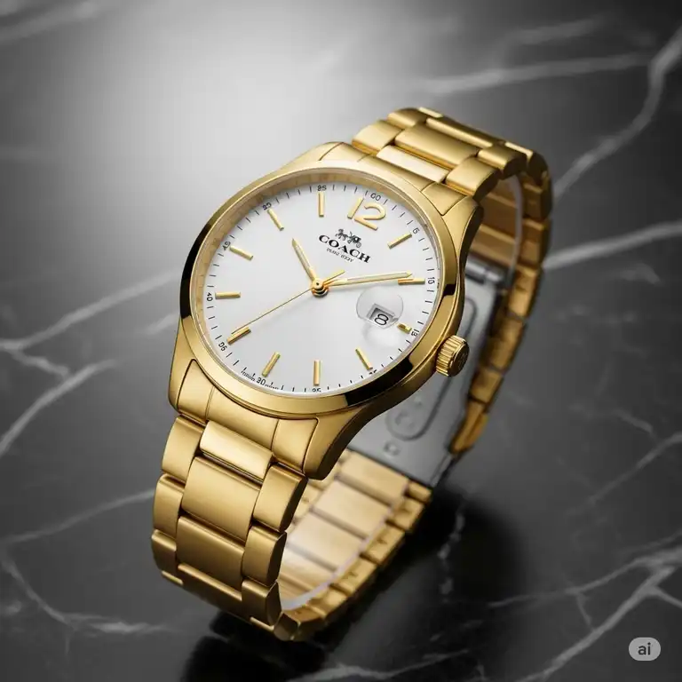 Close-up of a sophisticated Coach men's gold bracelet watch, showcasing its classic design and luxurious appeal. You can shop coach gold bracelet watch men's for quality timepieces.