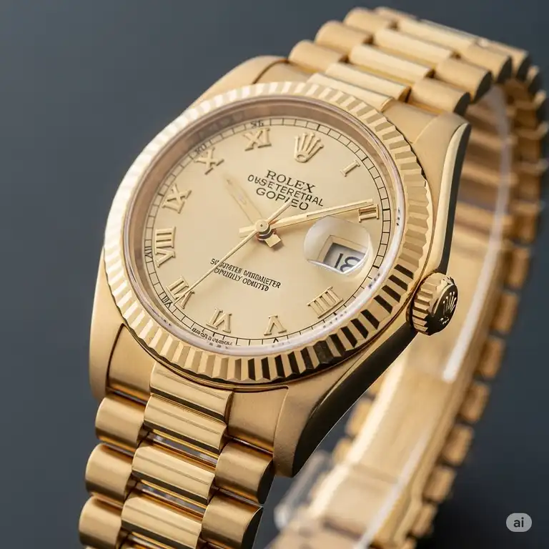 Close-up of a classic gents gold Rolex watch, showcasing its intricate dial and luxurious President bracelet.
