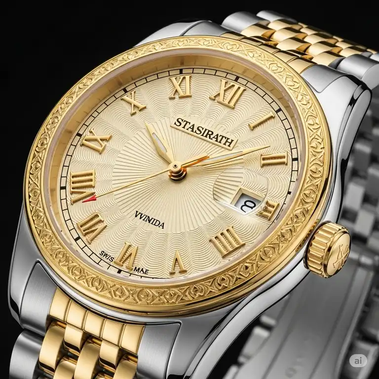 Close-up view of a luxurious watch gold and silver, showcasing intricate details and craftsmanship.