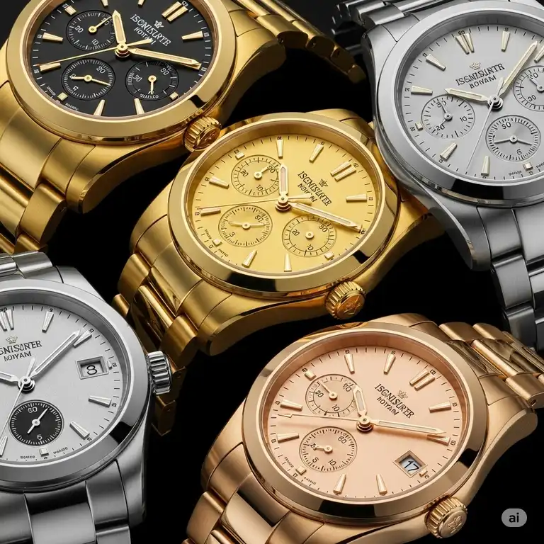 A close-up of several luxury watches, highlighting the different shades and applications of gold, from cases and bezels to dial accents, showcasing the enduring appeal of gold in watches.