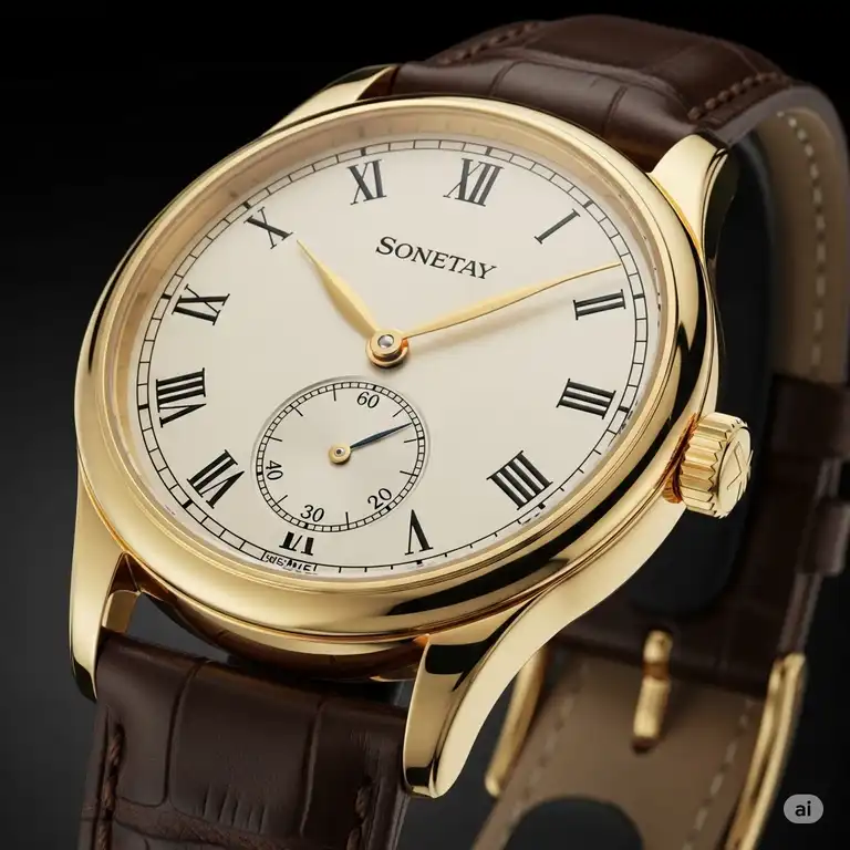 lose-up of a classic gold vintage watch men's, showcasing its elegant design and intricate details on a leather strap.