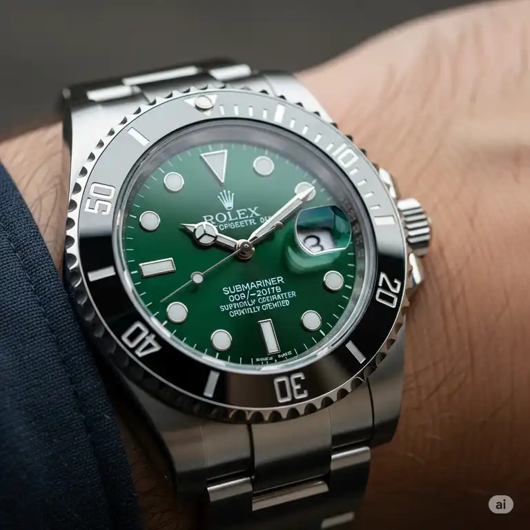 "Close-up of a luxurious green dial rolex watch Submariner on a wrist, highlighting its iconic design and vibrant emerald green dial."