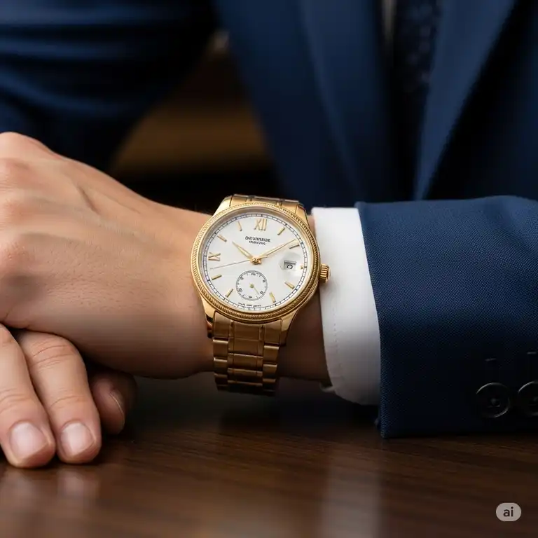 Close-up of a luxurious men's gold wrist watch with a classic design on a well-dressed man's wrist, highlighting its elegant craftsmanship.