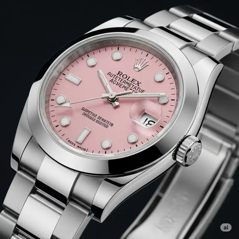 Stunning pink Rolex watch, showcasing its elegant design and luxurious craftsmanship.