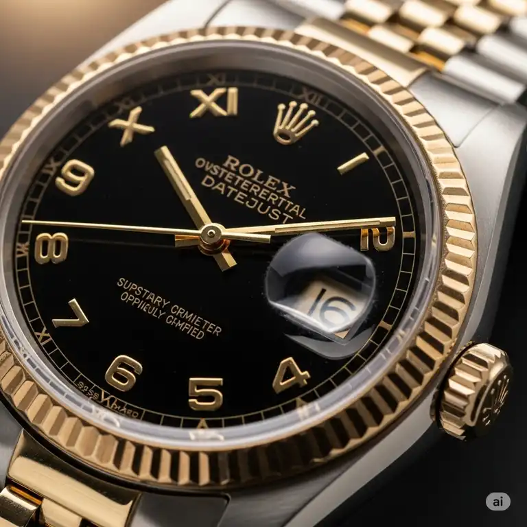 Close-up of a classic Rolex Datejust with stunning black dial and elegant gold Arabic numerals, showcasing the intricate craftsmanship and timeless design of a luxury timepiece.