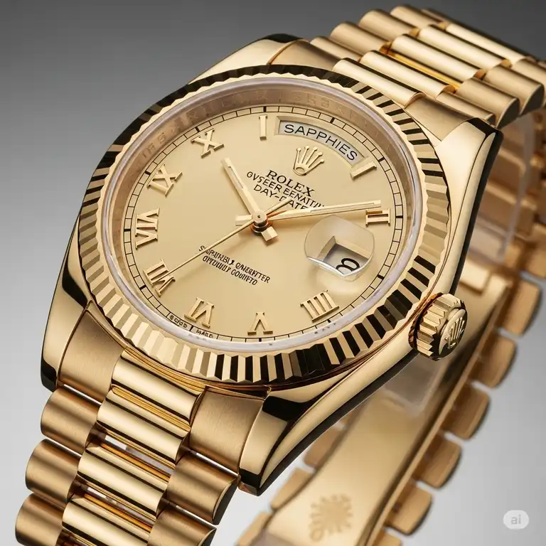 A close-up of a luxurious Rolex Day-Date gold watch for men, showcasing its intricate dial and president bracelet. This elegant timepiece is a symbol of sophistication and timeless design.