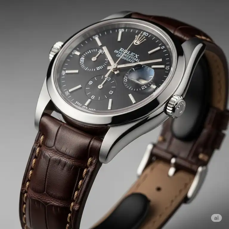 Close-up of a luxurious Rolex watch featuring a finely crafted brown leather band with intricate stitching, showcasing its elegant design and quality.