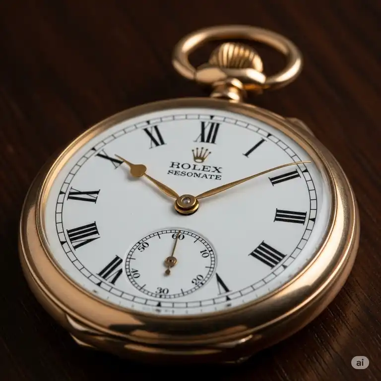 A close-up of a vintage rolex pocket watch, showcasing its intricate dial and classic design, a timeless example of precision timekeeping.
