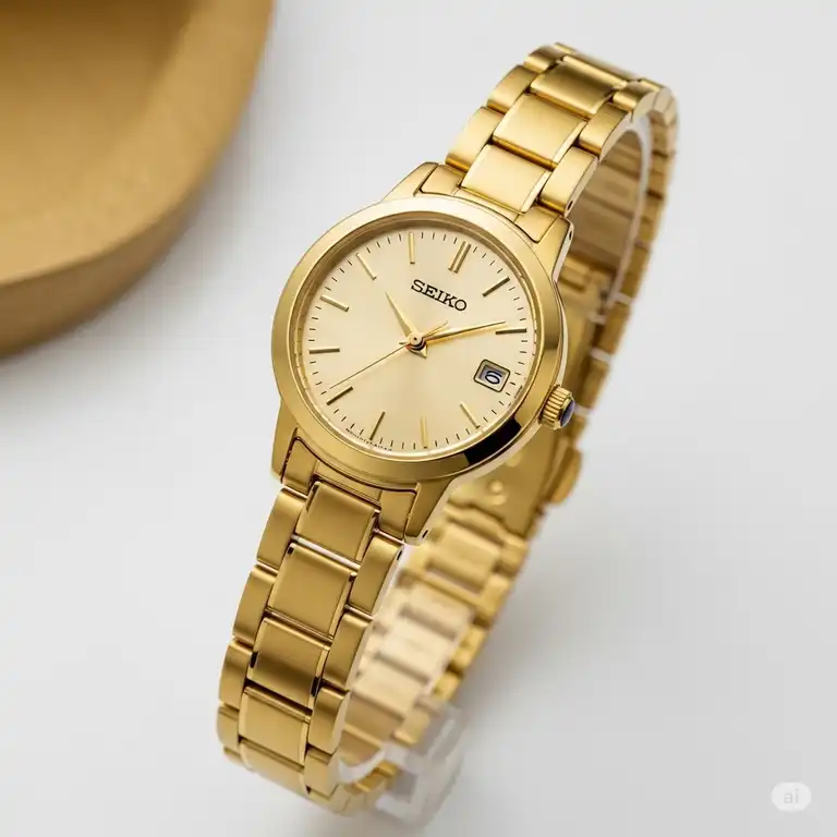 Seiko golden watches for women: an elegant design with a radiant gold-tone finish, perfect for sophisticated style.