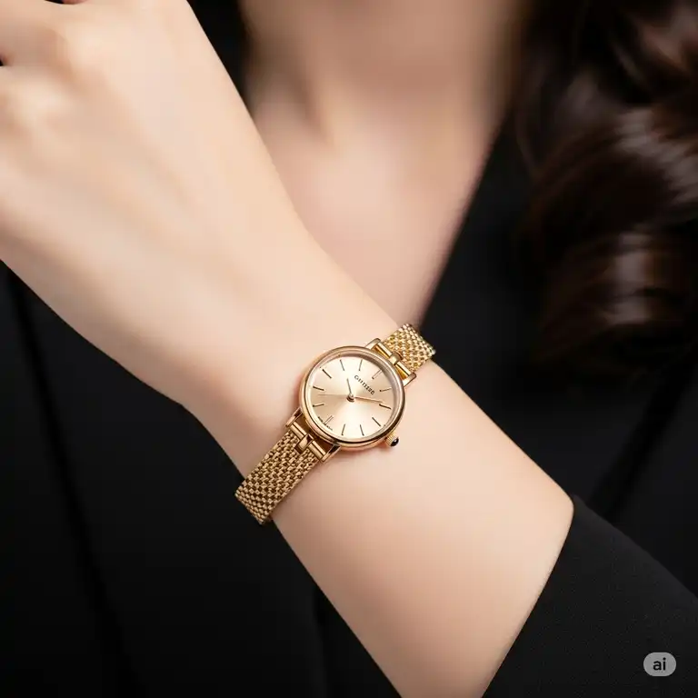A close-up of an elegant, slim gold watch on a woman's wrist, showcasing its delicate design and warm metallic sheen, perfect for adding a touch of sophistication to any outfit.