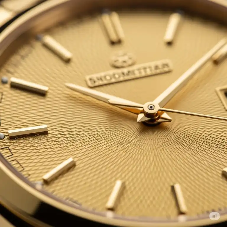 Close-up view of a classic solid 18k gold watch men's, showcasing its intricate dial and luxurious craftsmanship.