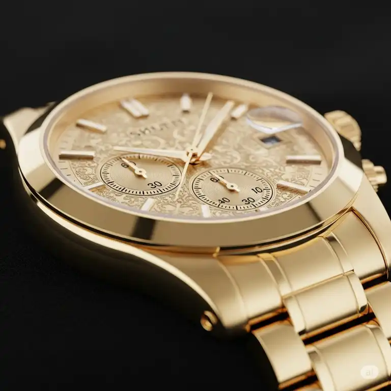 Close-up of a luxurious men's solid gold wrist watch with a polished finish on a dark background, highlighting its exquisite craftsmanship.