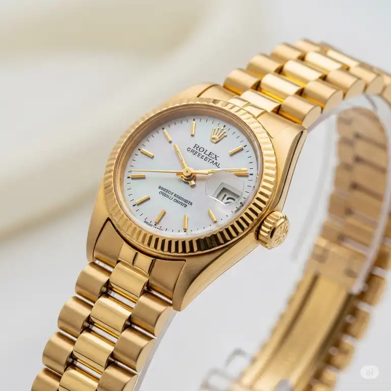 A close-up of an elegant vintage ladies Rolex watch with a classic gold bracelet on a soft, blurred background, highlighting its timeless design and intricate details.