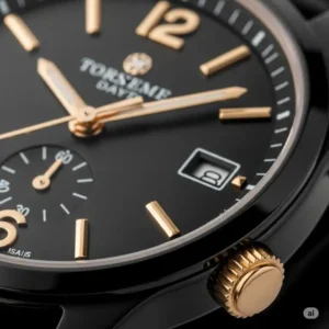 "Close-up of a black with gold watch hour markers and a gold crown, highlighting the intricate details of its face."