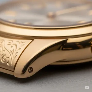 Detailed view of a polished 18k gold watch case, emphasizing the intricate craftsmanship and the luxurious finish that defines gold in watches.