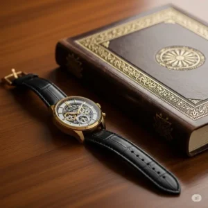 Stylish men's gold wrist watch resting on a wooden desk next to a leather-bound journal, showcasing its sophisticated appeal.