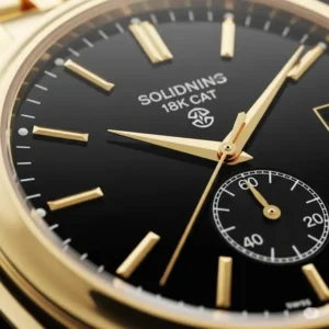 Detailed view of the elegant dial on a solid 18k gold watch men's, highlighting the markers and hands.