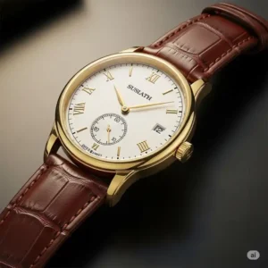 Classic male gold watch with a leather strap, embodying timeless elegance and a refined aesthetic.