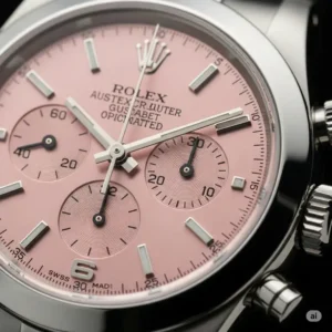 Close-up view of the exquisite pink Rolex watch, highlighting intricate details.