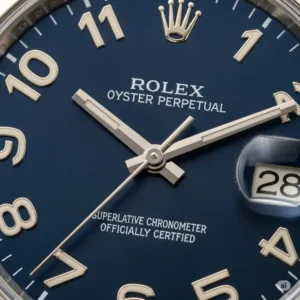 Detailed shot of a Rolex watch dial featuring prominent and clear Arabic numerals, highlighting the precision and legibility often found in these unique timepieces.