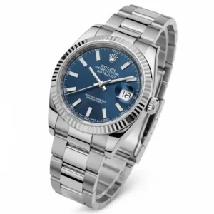 Elegant Rolex Datejust with a striking blue Rolex watch dial, highlighting its classic design and polished finish.