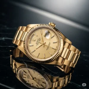 Elegant solid gold Rolex watch with a champagne dial, resting on a dark, reflective surface.
