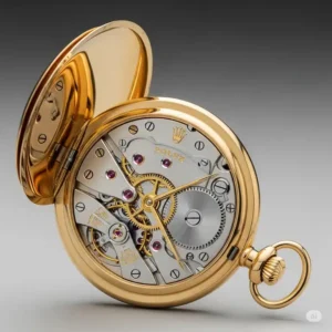 An elegant gold rolex pocket watch displayed open, revealing its precise movement and beautiful craftsmanship.