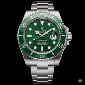 "Front view of the Rolex Submariner 'Hulk' with its distinctive green dial rolex watch and ceramic bezel, showcasing the watch's robust stainless steel case."
