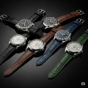 Assortment of Rolex watches displaying various colored leather watch bands, including black, brown, blue, and green, highlighting customization options.