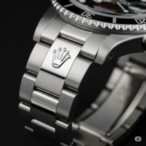 "Close-up of a robust Rolex Oyster rolex watch bracelet, renowned for its three-piece links and exceptional durability on a Rolex watch."