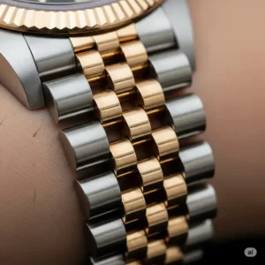 Close-up view of a two tone rolex watch Jubilee bracelet, highlighting the intricate blend of gold and steel links on a wrist.