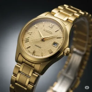 Close-up showcasing the intricate dial and polished gold bracelet of a Seiko golden watches for women dress watch.