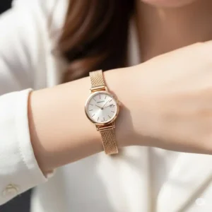 A beautiful slim gold watch adorning a woman's slender wrist, highlighting the watch face and intricate band details.