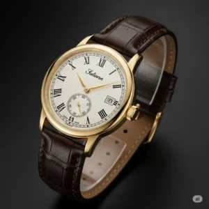 Elegant vintage gold dress watch on a dark leather strap, perfect for formal occasions.