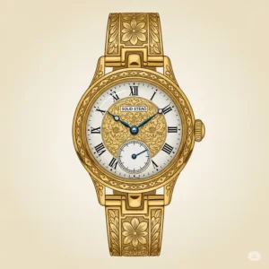Illustration of a vintage solid gold wrist watch with an intricate engraving, showcasing timeless elegance and classic design.