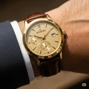 Men's wrist wearing a stunning wittnauer watch gold, highlighting its sophisticated appeal.
