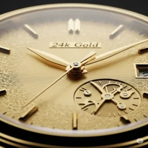 Detailed illustration of a 24k gold watch dial, emphasizing the craftsmanship and the lustrous shine of the gold.