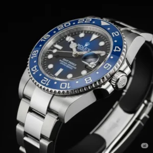 Side view of a blue Rolex watch GMT-Master II with a blue and black bezel, emphasizing its sporty yet sophisticated aesthetic and dual time zone function.